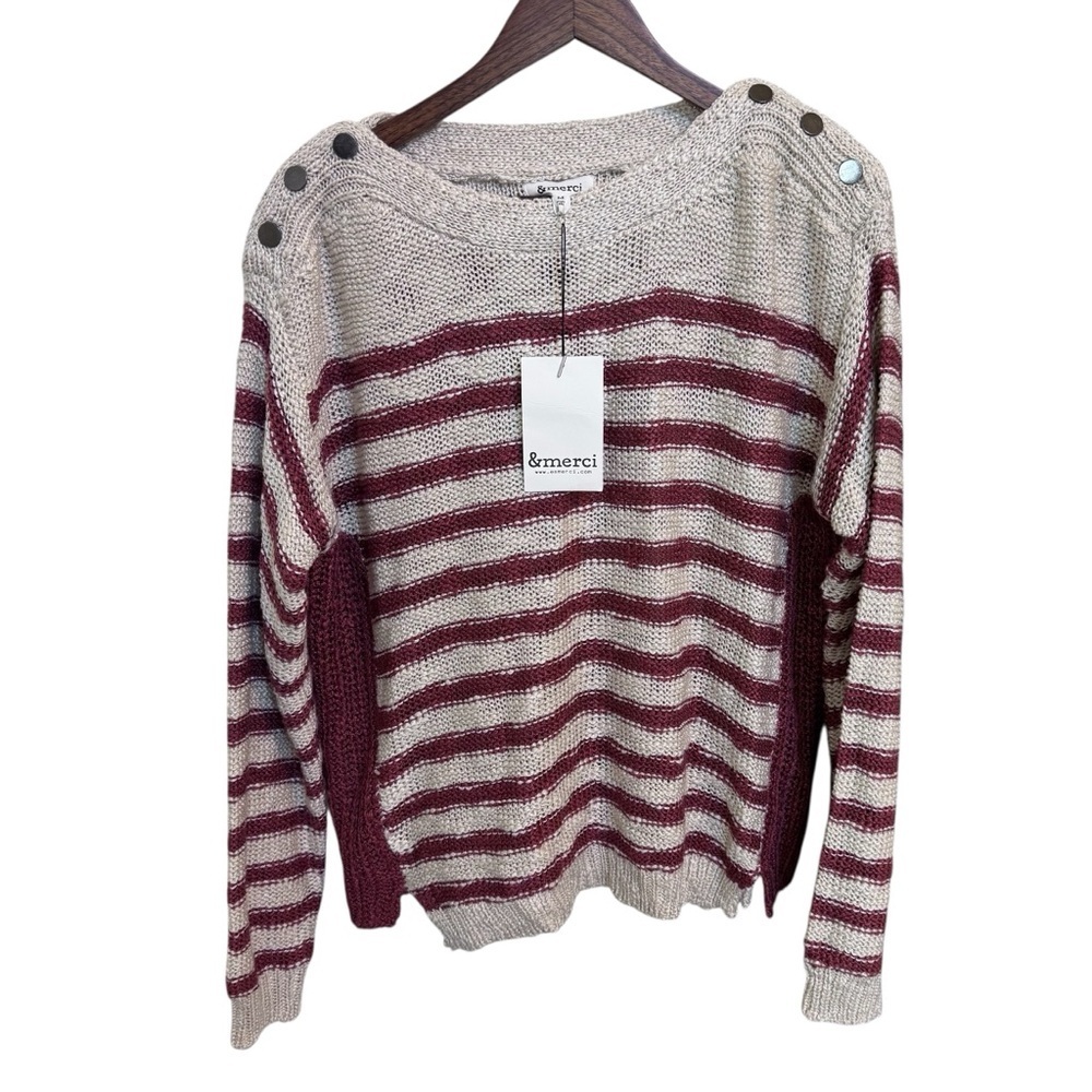 NWT &Merci Burgundy, Cream, Striped Chunky, Cozy, Sweater, Gold Shoulder Buttons